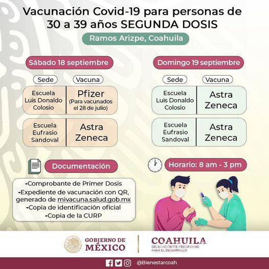$!Ramos Arizpe: Arranca aplicación de 2da. dosis antiCOVID para 30-39 años
