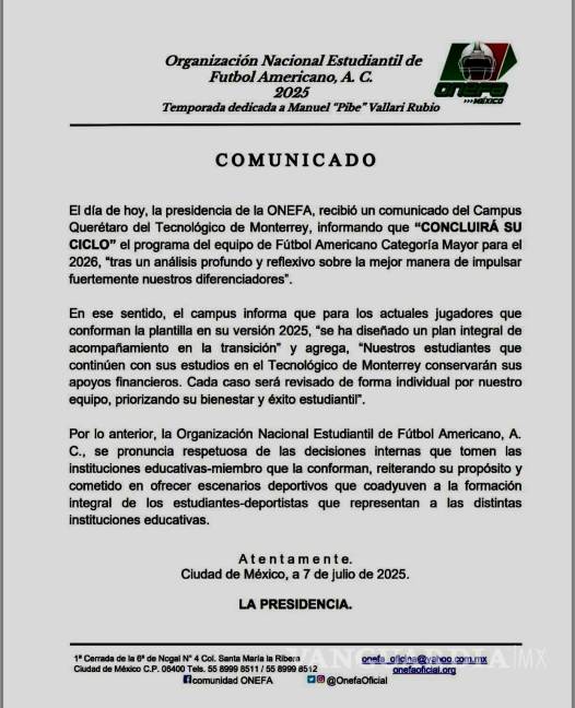 $!Comunicado oficial de la desaparición del equipo de futbol americano campus Querétaro.