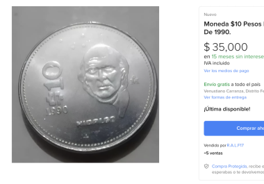 Mmoneda de 10 pesos de 1990, que se encuentra en venta por hasta $35,000 en plataformas como Mercado Libre.