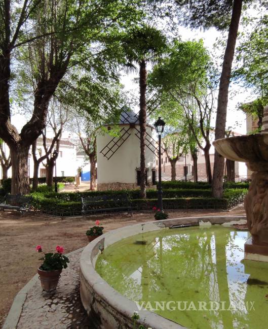 $!Una vista del estanque, el molino y los jardines de la recoleta plaza de la Constitución de El Toboso. EFE/Amalia González Manjavacas
