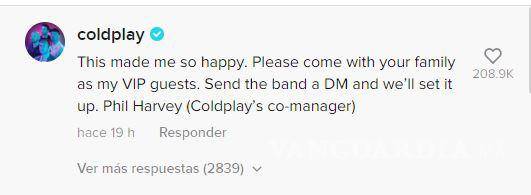 $!Phil Harvey, co-manager de Coldplay, le escribió al niño y su familia para que fueran sus invitados VIP en el concierto.