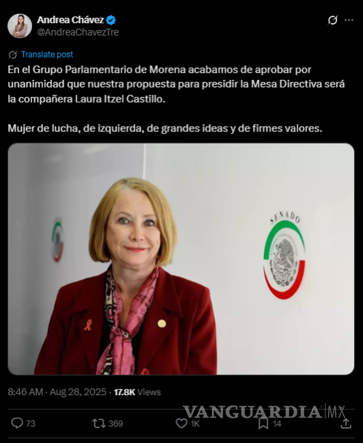 $!Avala Morena a Laura Castillo para presidir la Mesa Directiva del Senado tras salida de Noroña
