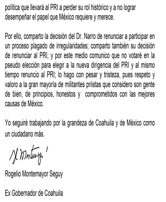 $!&quot;Personajes corruptos y cínicos abusaron de su cargo&quot;: así renuncia Rogelio Montemayor al PRI