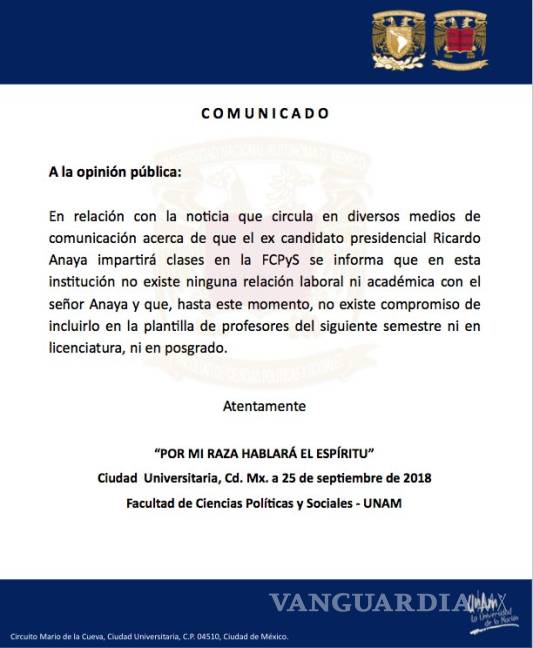 $!&quot;No existe ninguna relación laboral ni académica&quot; con Ricardo Anaya: FCPyS de la UNAM