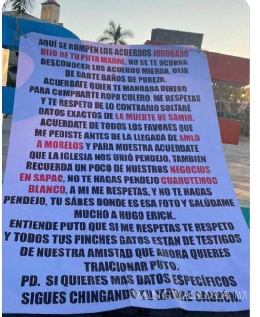 $!“No te hagas pende... acuérdate quién te mandaba dinero”, con narcomanta amenazan a Cuauhtémoc Blanco