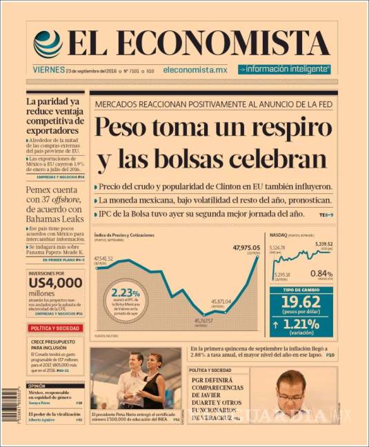 $!Titulares Prensa Nacional 23/09/2016