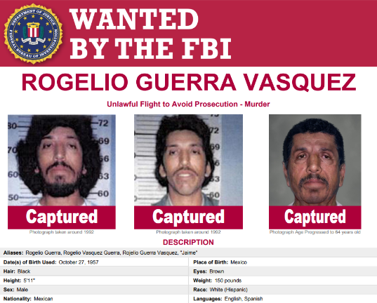 Rogelio Guerra Vásquez fue detenido en México después de permanecer prófugo durante 29 años. El FBI difundió fotografías y una proyección de edad como parte de la búsqueda.