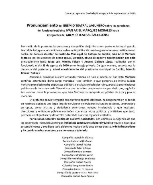 Gremio teatral lagunero se une a causa contra Iván Márquez