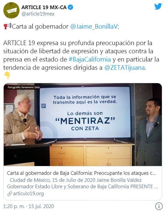 $!Piden a Jaime Bonilla dejar de atacar a ZETA y darle garantías de acceso informativo