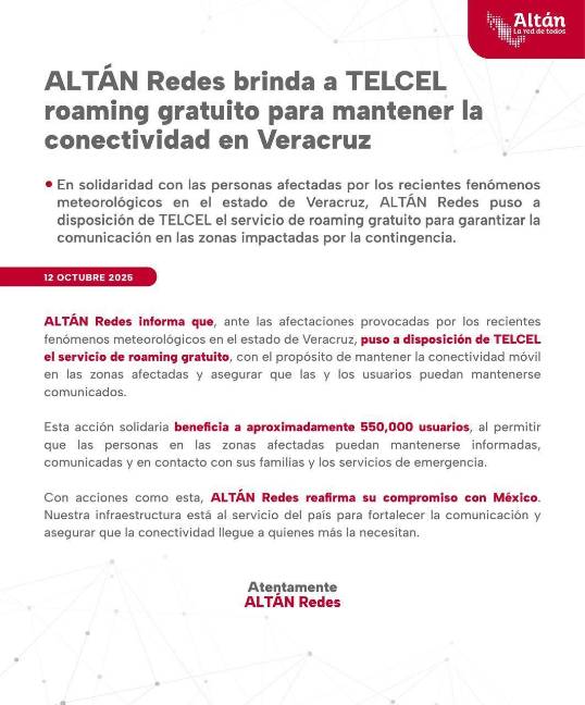 $!ALTÁN Redes y Telcel activan roaming gratuito para 550 mil personas en Veracruz tras inundaciones