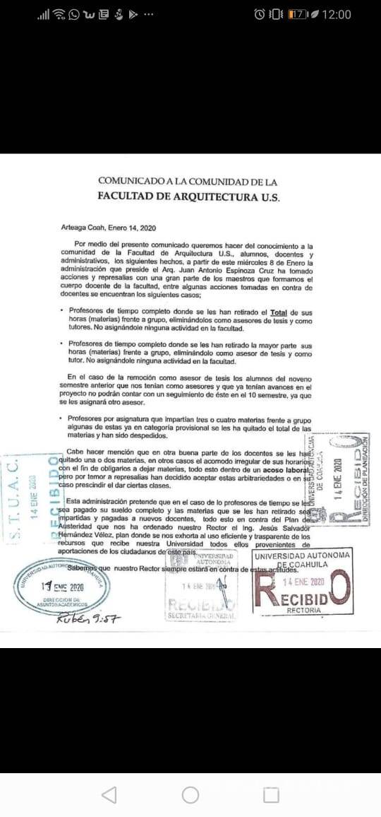 $!Denuncian maestros de Arquitectura acoso laboral en la UAdeC