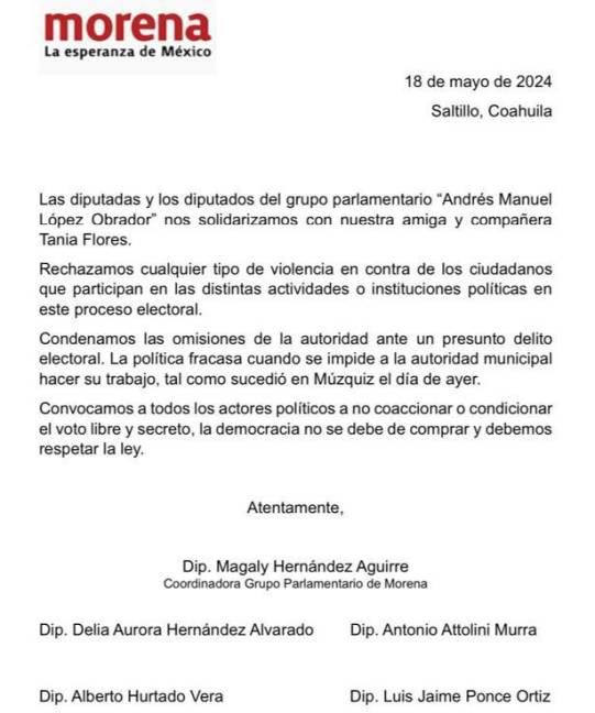 $!Legisladores morenistas muestran su apoyo a Tania Flores tras conflicto en Múzquiz