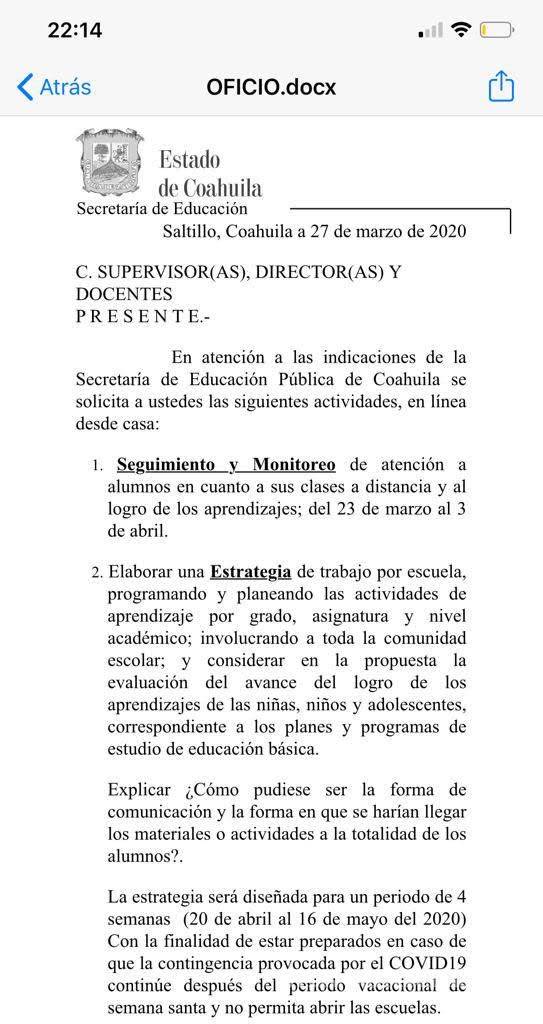 $!No hay "indicaciones" para continuar educación en casa hasta mayo: SEDU Coahuila
