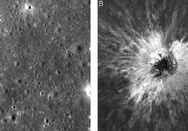 Esta combinación de fotos tomadas por el Orbitador de Reconocimiento Lunar de la NASA muestra la misma zona de la superficie lunar antes y después de la formación de un cráter recién descubierto en mayo de 2024.