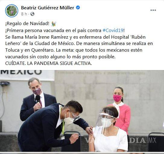 $!Festeja Beatriz Gutiérrez Müller comienzo de vacunación contra COVID-19 en México