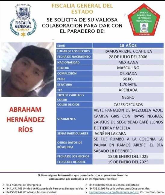 $!Pese a extorsiones y amenazas, no dejan de buscar a Abraham Hernández en Ramos Arizpe