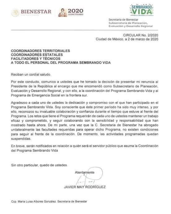 $!Renuncia coordinador de Sembrando Vida: 'No hay condiciones para seguir'