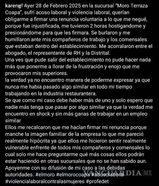 $!‘No me puede tocar’: empleada denuncia agresión, acoso y despido injustificado en Churrería El Moro (VIDEO)