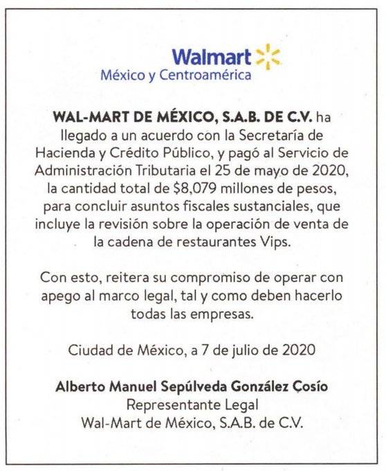 $!Walmart 'presume' pago de 8 mil millones que debía al SAT, “así deben hacerlo todas las empresas”