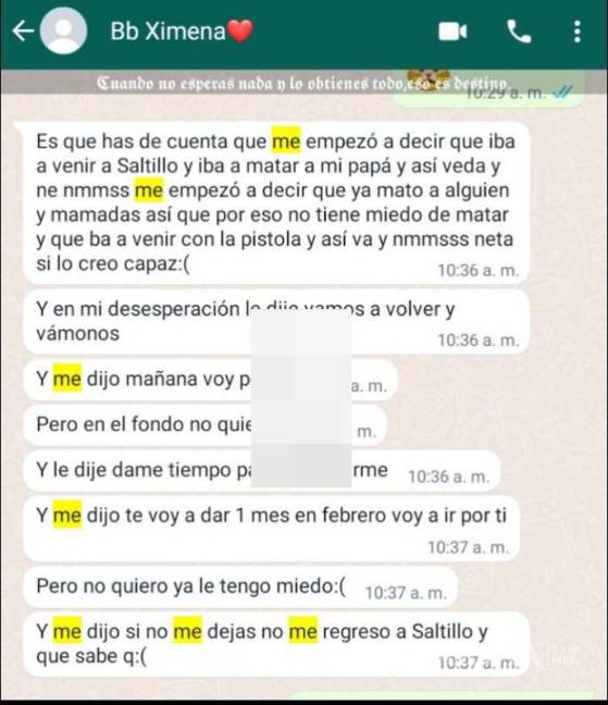 $!Continuaron las constantes amenazas que hacía a Ximena desde hace meses, diciéndole que si no se iba con él la mataría a ella y a su familia.