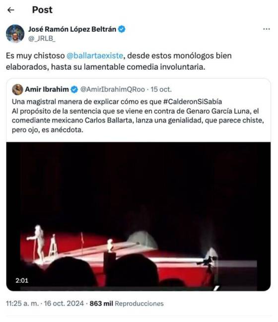 $!‘Moralmente derrotado tu jefe’, Carlos Ballarta se ‘agarra’ con José Ramón López Beltrán en X