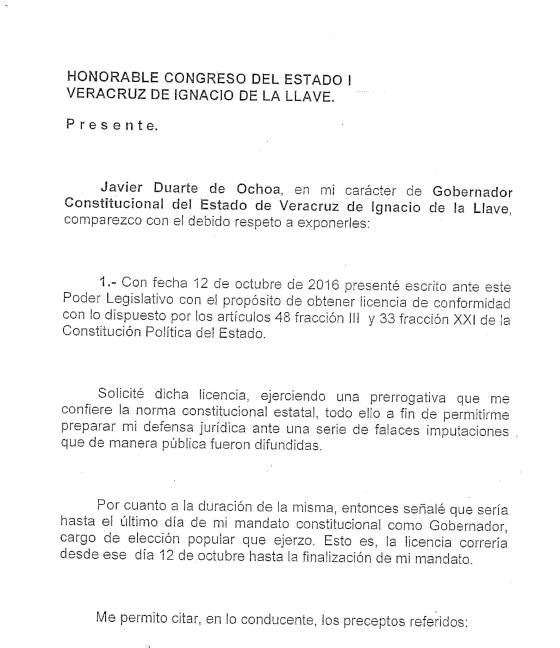 $!Javier Duarte reaparece: Pide al Congreso que le regrese la Gubernatura