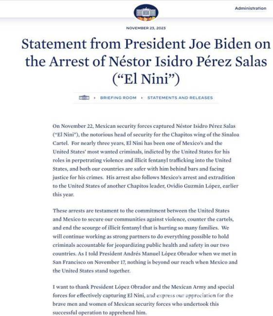 $!EU pide a México ‘pronta’ extradición de ‘El Nini’; Biden agradece captura del jefe de sicarios de ‘Los Chapitos’