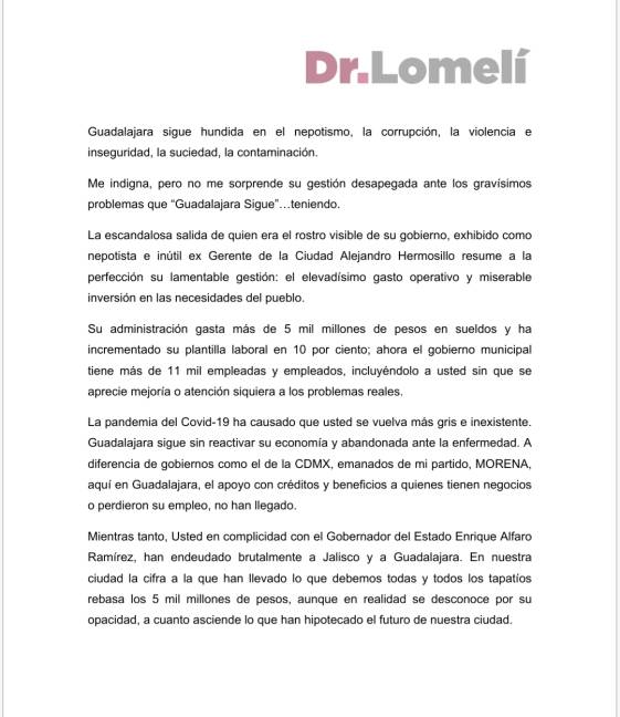 $!Carlos Lomelí, ex delegado de Jalisco, entrega dura carta a alcalde Ismael del Toro