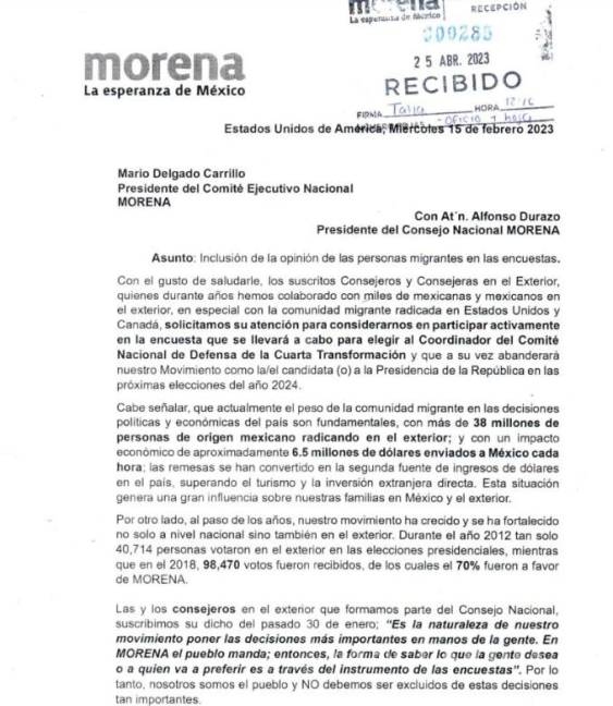 $!En el documento, las y los consejeros expresan su interés en participar en la elección del candidato por Morena.