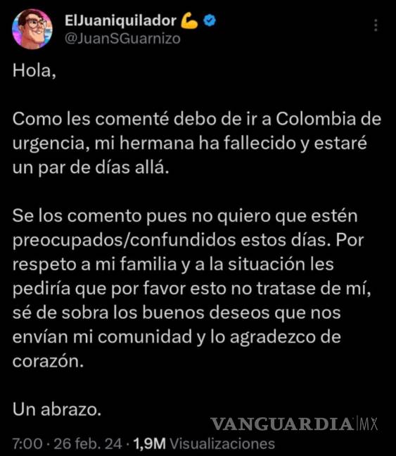 $!Juan Guarnizo informa a seguidores el fallecimiento de su hermana; viaja de emergencia a Colombia.