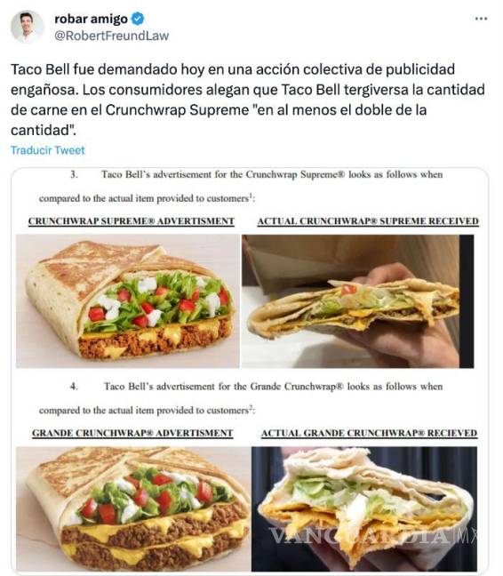 $!En una demanda colectiva se acusó a Taco Bell de engañar a los consumidores anunciando falsamente que sus Mexican Pizza, Veggie Mexican Pizza, Crunchwrap Supreme, Grande Crunchwrap y Vegan Crunchwrap contenían “al menos el doble” de su contenido real