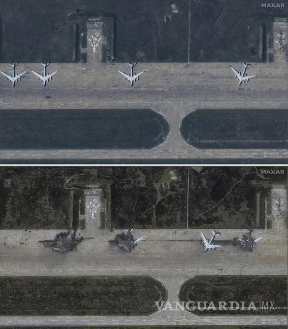 $!Combinación de fotografías de imágenes satelitales que muestran desde arriba la base aérea de Belaya antes de un ataque con drones ucranianos.