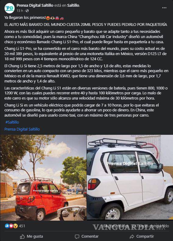 $!Aseguran que auto eléctrico chino llegó a Saltillo, pero comparten fotografías de otros estados.