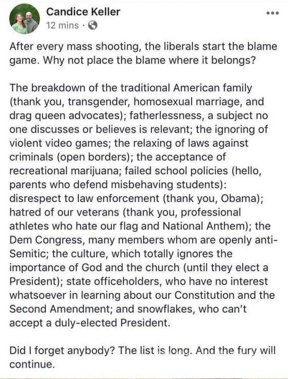 $!Legisladora de EU culpa a personas homosexuales, trans y drag por tiroteos en El Paso y Ohio