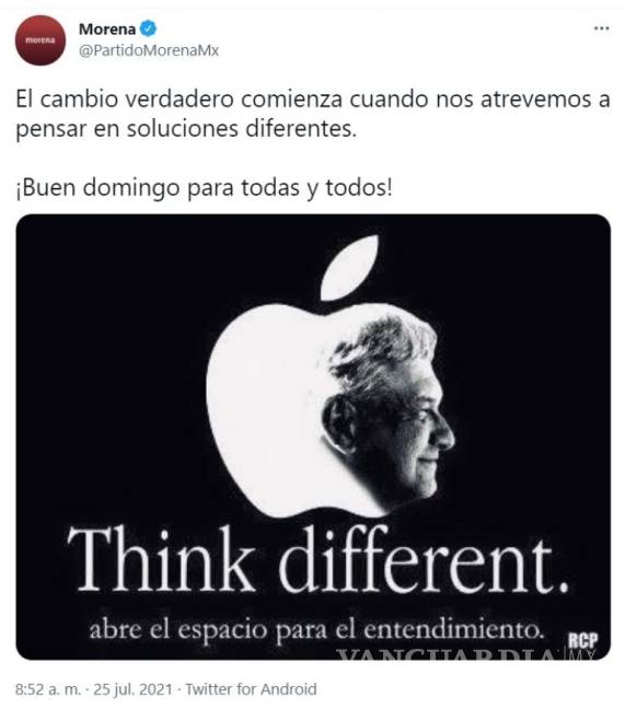 $!Morena usa el 'Think Different' de Apple y le pone imagen de AMLO