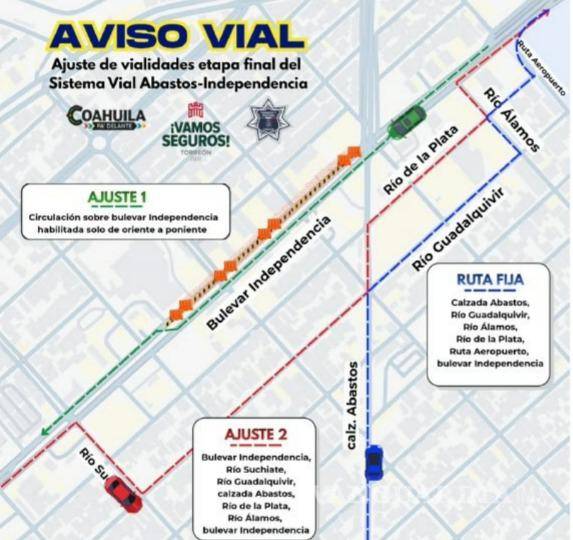 $!El aviso vial con los ajustes de circulación en la etapa final del Sistema Vial Abastos-Independencia, donde se mantiene el cierre temporal por el hundimiento.