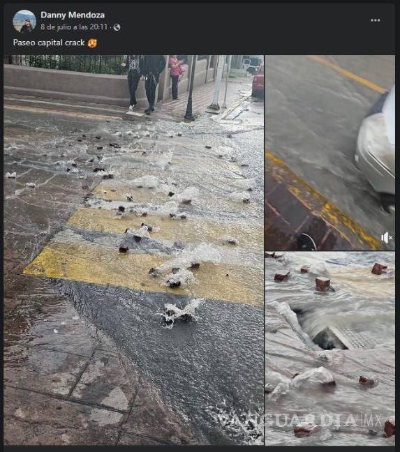 $!Corriente de agua deshace piso de Paseo Capital en Saltillo.