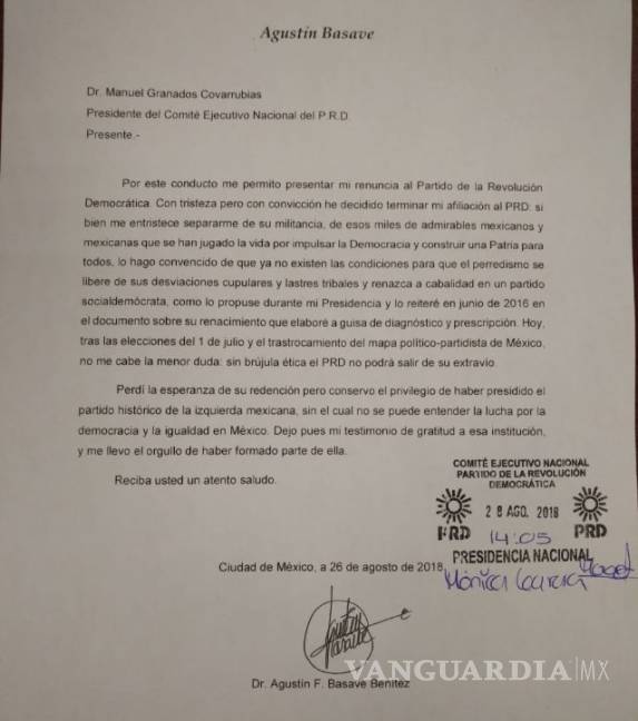 $!Agustín Basave renuncia al PRD, partido del que fue líder