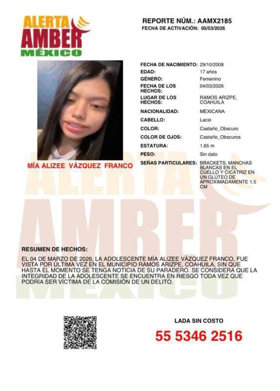 $!Activa NL Alerta Amber por adolescente desaparecida en Ramos Arizpe, Coahuila
