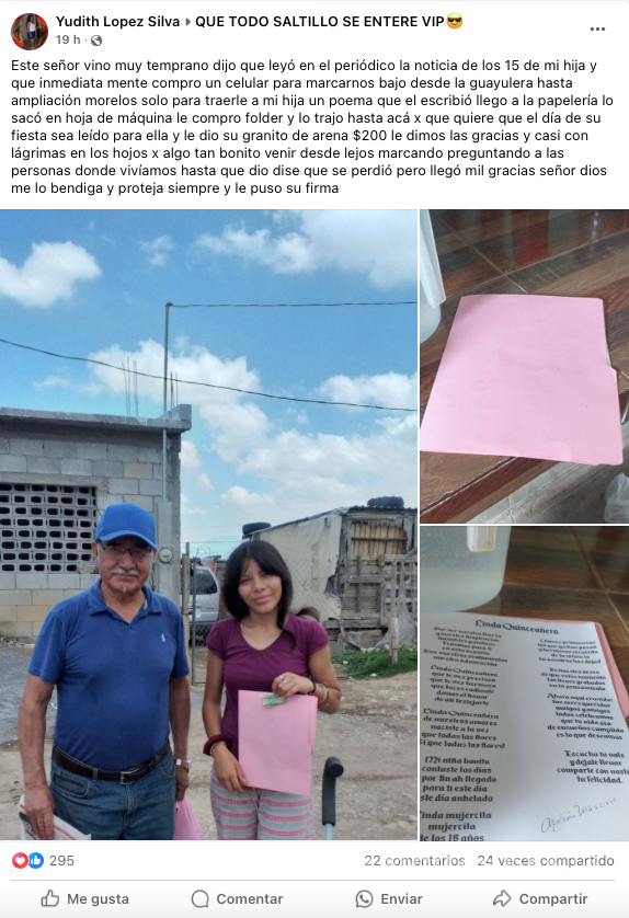 $!La joven Marlen sostiene el poema y el donativo de 200 pesos que recibió de un hombre que leyó su historia en el periódico, agradecida por el apoyo recibido.