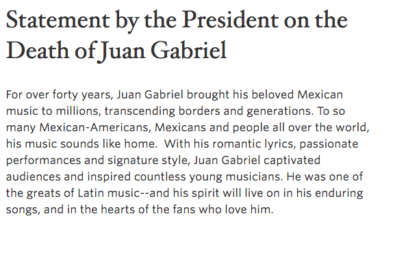 $!Barack Obama destaca el legado de Juan Gabriel