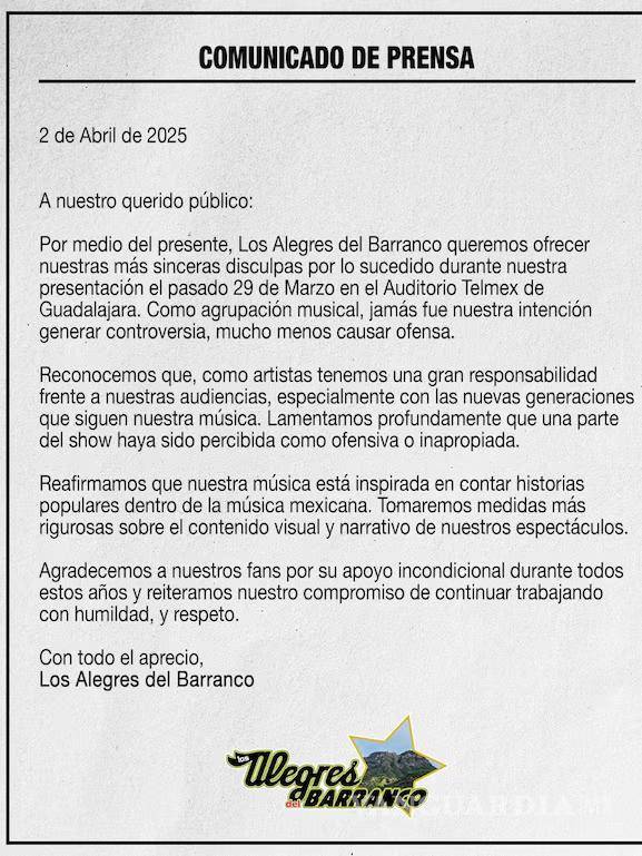 $!Los Alegres del Barranco se disculpan tras polémica por homenaje a ‘El Mencho’ y cancelación de conciertos