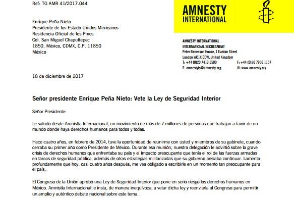 $!Aministía Internacional pide a Peña Nieto vetar Ley de Seguridad Interior