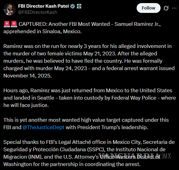 $!FBI confirma captura de Samuel ‘N’ en Sinaloa; era uno de los más buscados por asesinato en EU