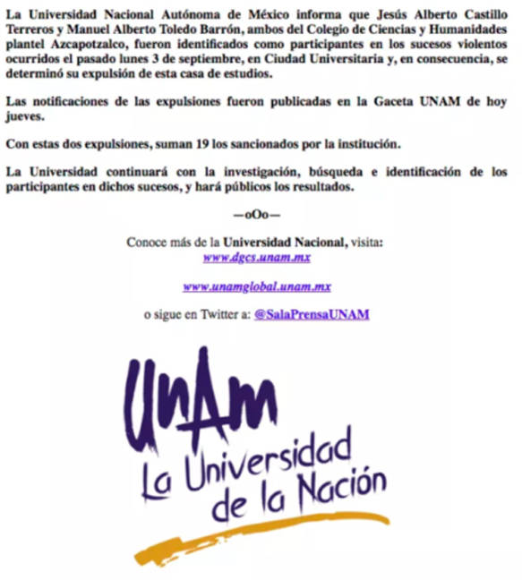 $!UNAM expulsa a 2 estudiantes del CCH Azcapotzalco; suman 19 sancionados por agresiones en CU