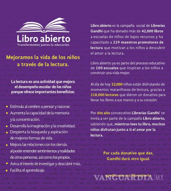 $!Librerías Gandhi invita a los mexicanos a donar para crear infancias lectoras