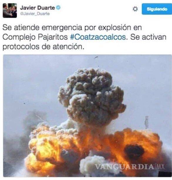 $!Tunden a Duarte por publicar foto en twitter de ataque en Libia tras incendio en Coatzacoalcos