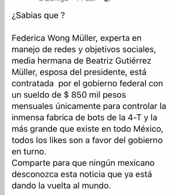 $!¡Cuidado con las Fake News! Gutiérrez Müller no tiene media hermana que maneja bots