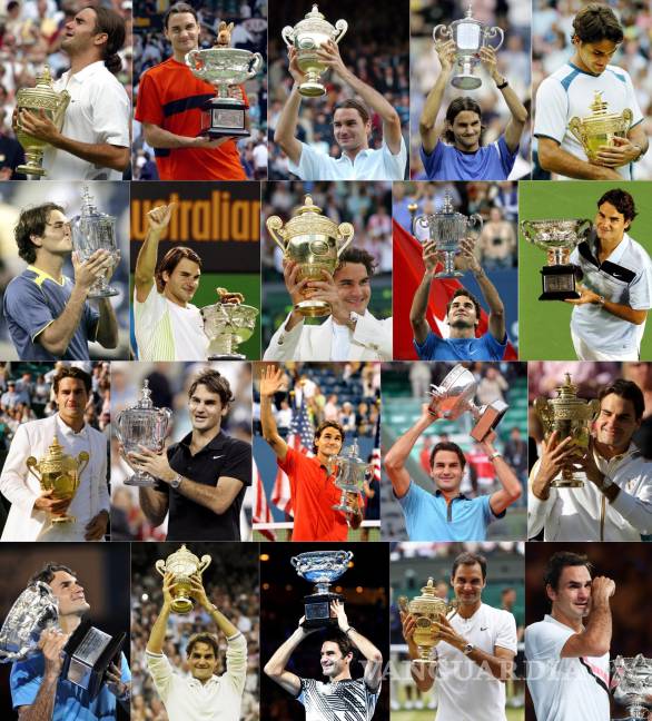 $!Una combinación de imágenes muestra al tenista suizo Roger Federer levantando el trofeo en los 20 torneos de Grand Slam que ganó durante su carrera.