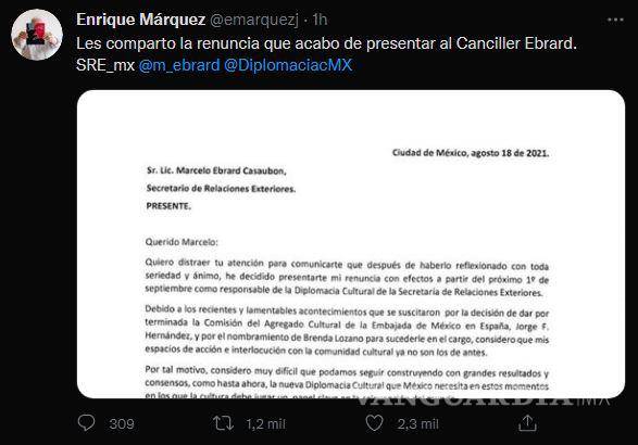 $!Por nombramiento de Brenda Lozano, renuncia Enrique Márquez a Dirección de Diplomacia Cultural de la SRE